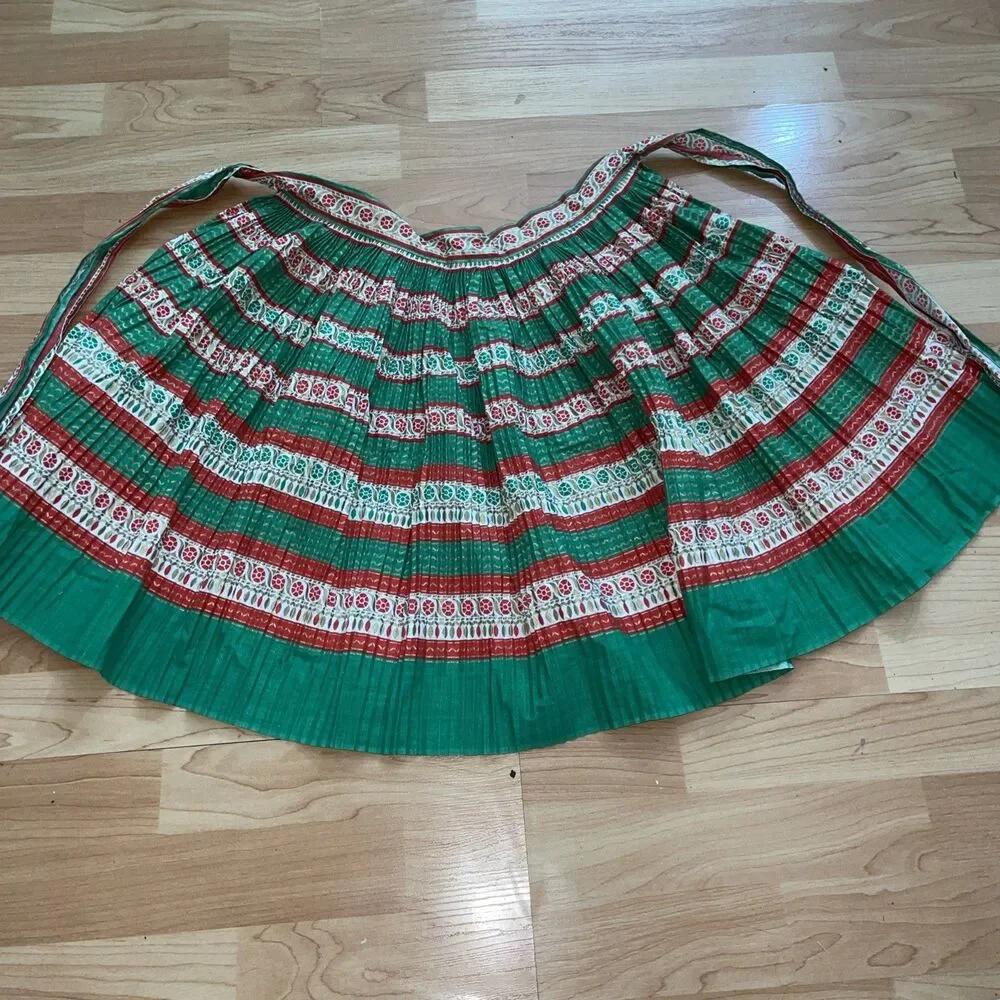 Vintage Green Mexican Folklorico Skirt Child Youth Ribbon Pleated Wrap Dance 16